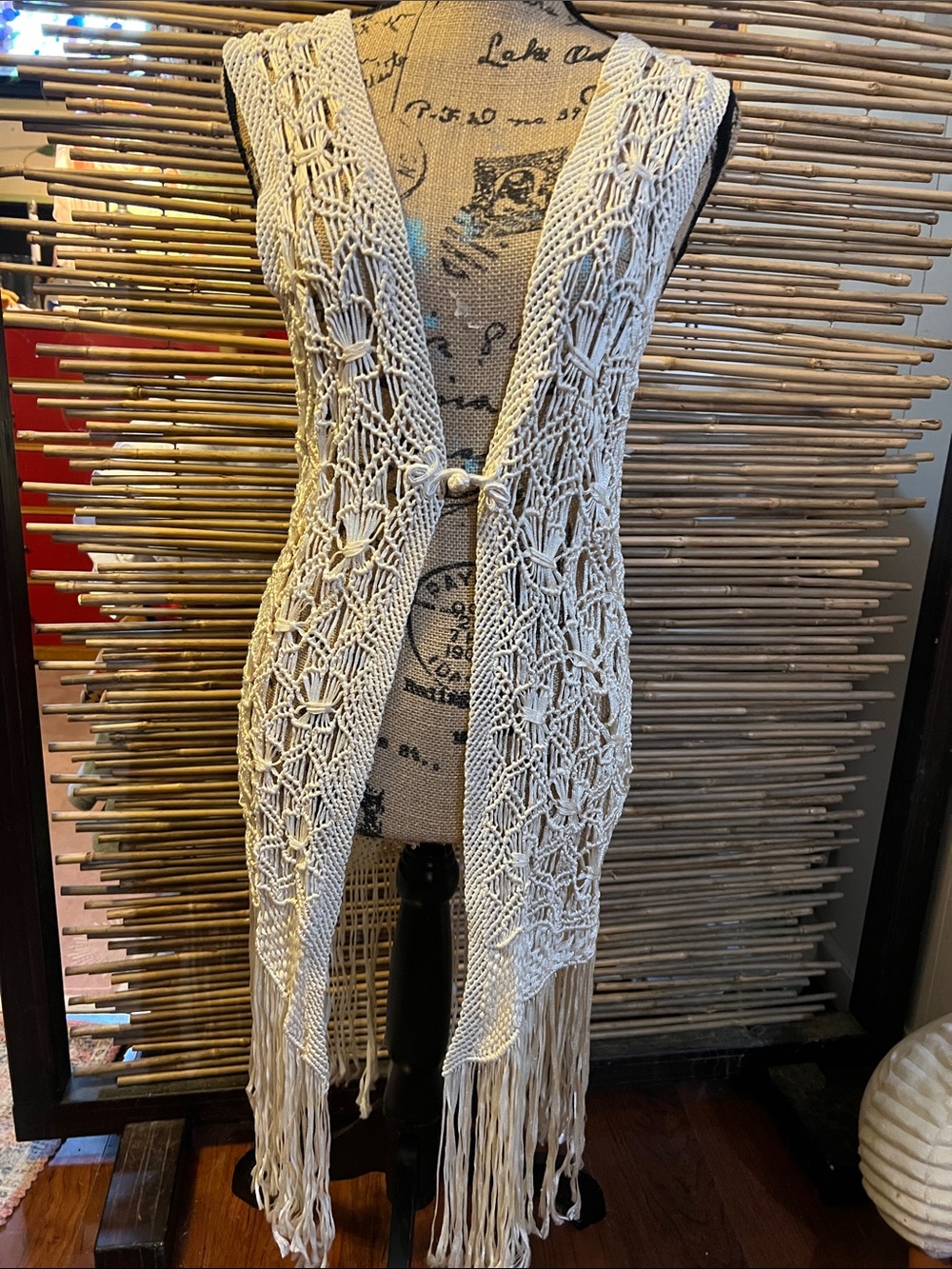 Cream Crochet Fringe Vest - Bohemian Openwork Wrap